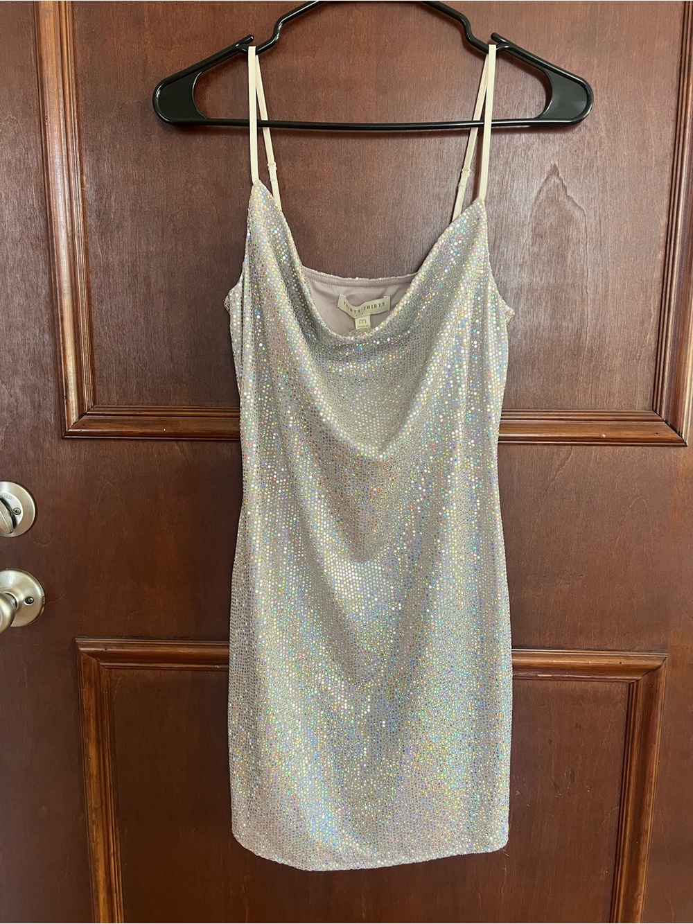 Iridescent Sequin Cowl Neck Mini Dress in Silver